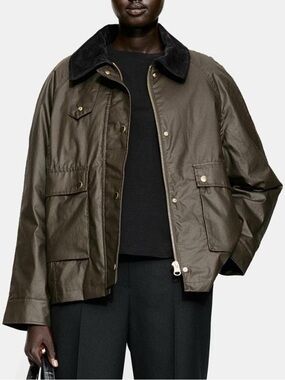 H&M Olive Waxed Field Barn Jacket with Black Corduroy Collar
